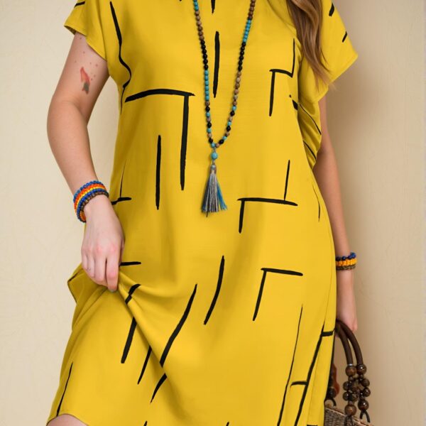 Elegant Yellow Relaxed Fit Batwing Sleeve Midi Dress with All Over Print for Spring and Summer - Chic, Classy and Trendy Fashion Style to Dress to Impress