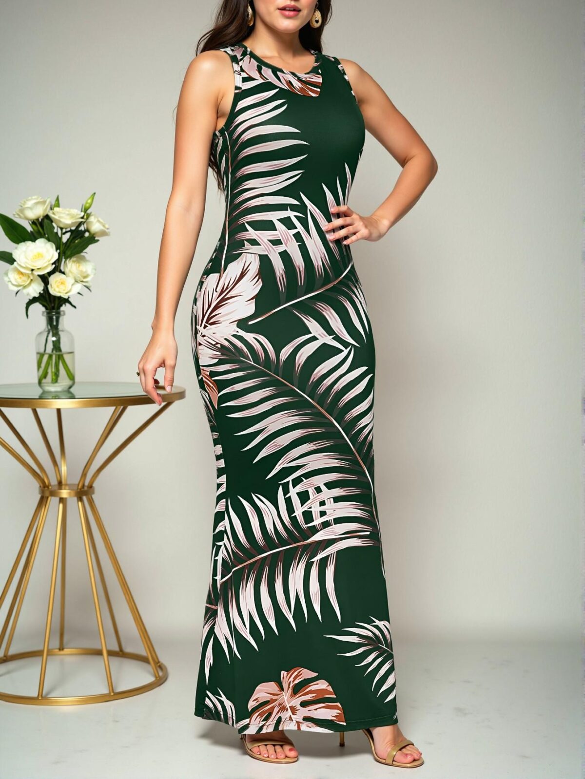 Elegant Dark Green Tropical Botanical Print Mermaid Maxi Dress for Spring and Summer - Chic, Classy and Trendy Fashion Style to Dress to Impress - Image 4