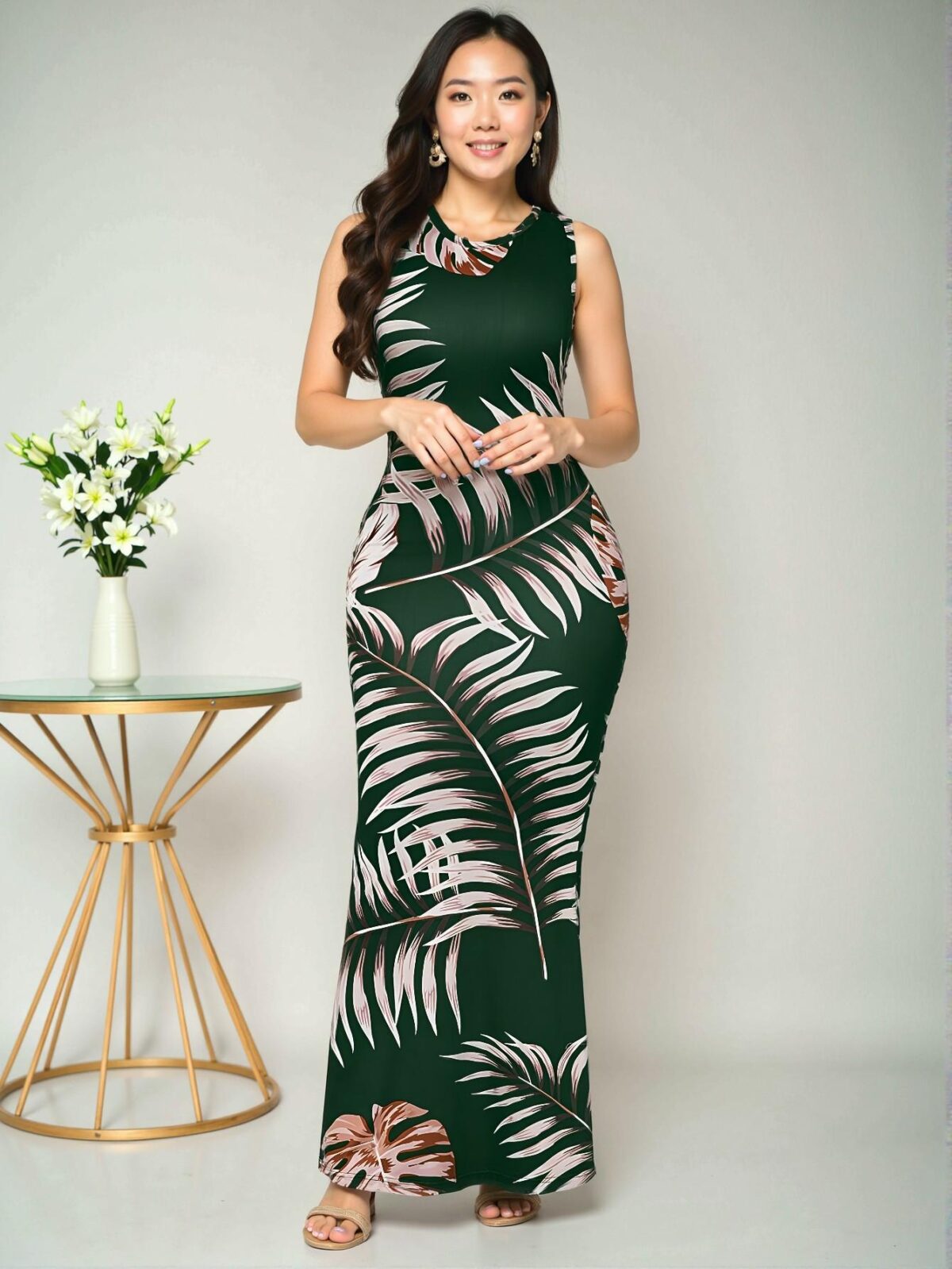 Elegant Dark Green Tropical Botanical Print Mermaid Maxi Dress for Spring and Summer - Chic, Classy and Trendy Fashion Style to Dress to Impress - Image 5