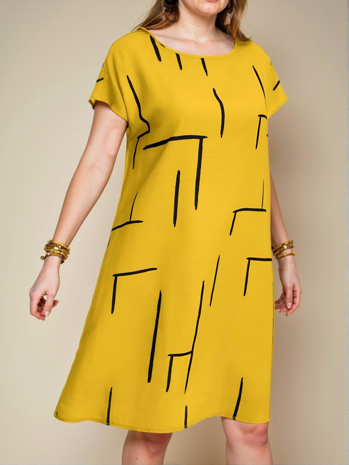 Elegant Yellow Relaxed Fit Batwing Sleeve Midi Dress with All Over Print for Spring and Summer - Chic, Classy and Trendy Fashion Style to Dress to Impress - Image 3