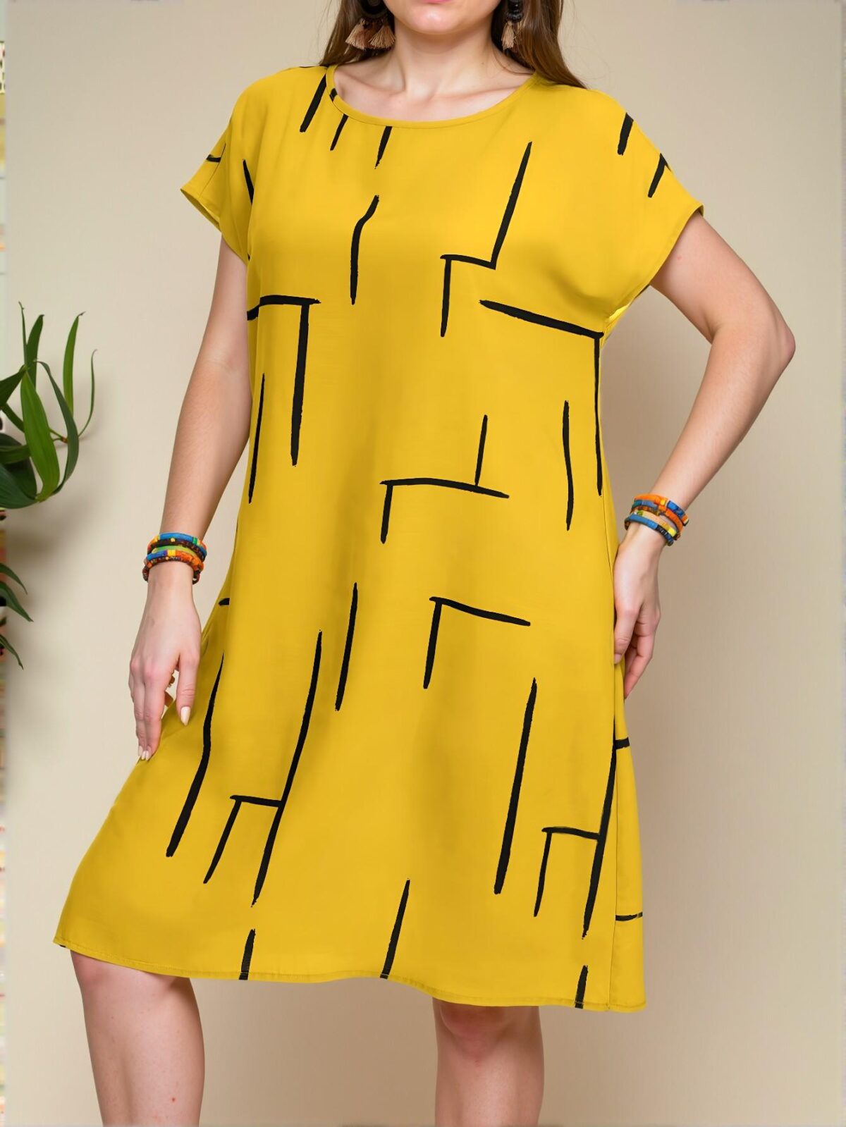 Elegant Yellow Relaxed Fit Batwing Sleeve Midi Dress with All Over Print for Spring and Summer - Chic, Classy and Trendy Fashion Style to Dress to Impress - Image 4