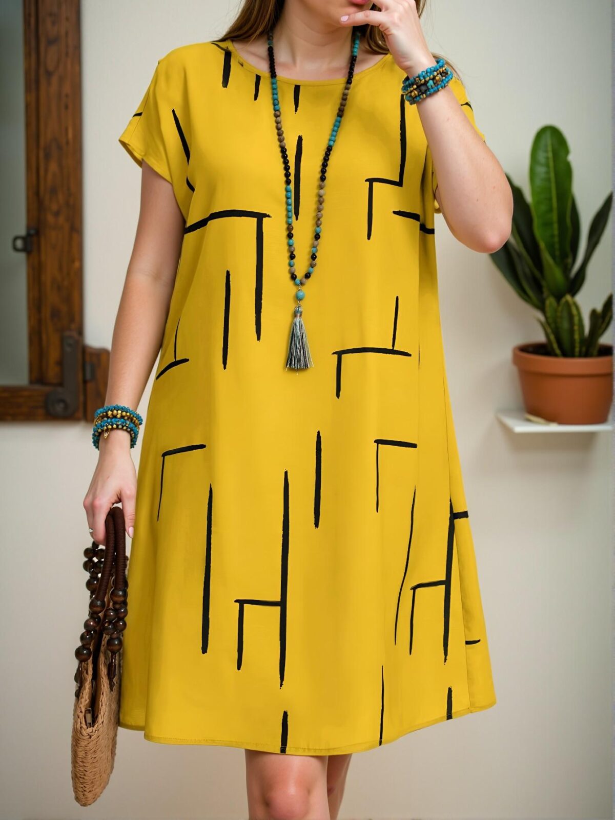 Elegant Yellow Relaxed Fit Batwing Sleeve Midi Dress with All Over Print for Spring and Summer - Chic, Classy and Trendy Fashion Style to Dress to Impress - Image 5