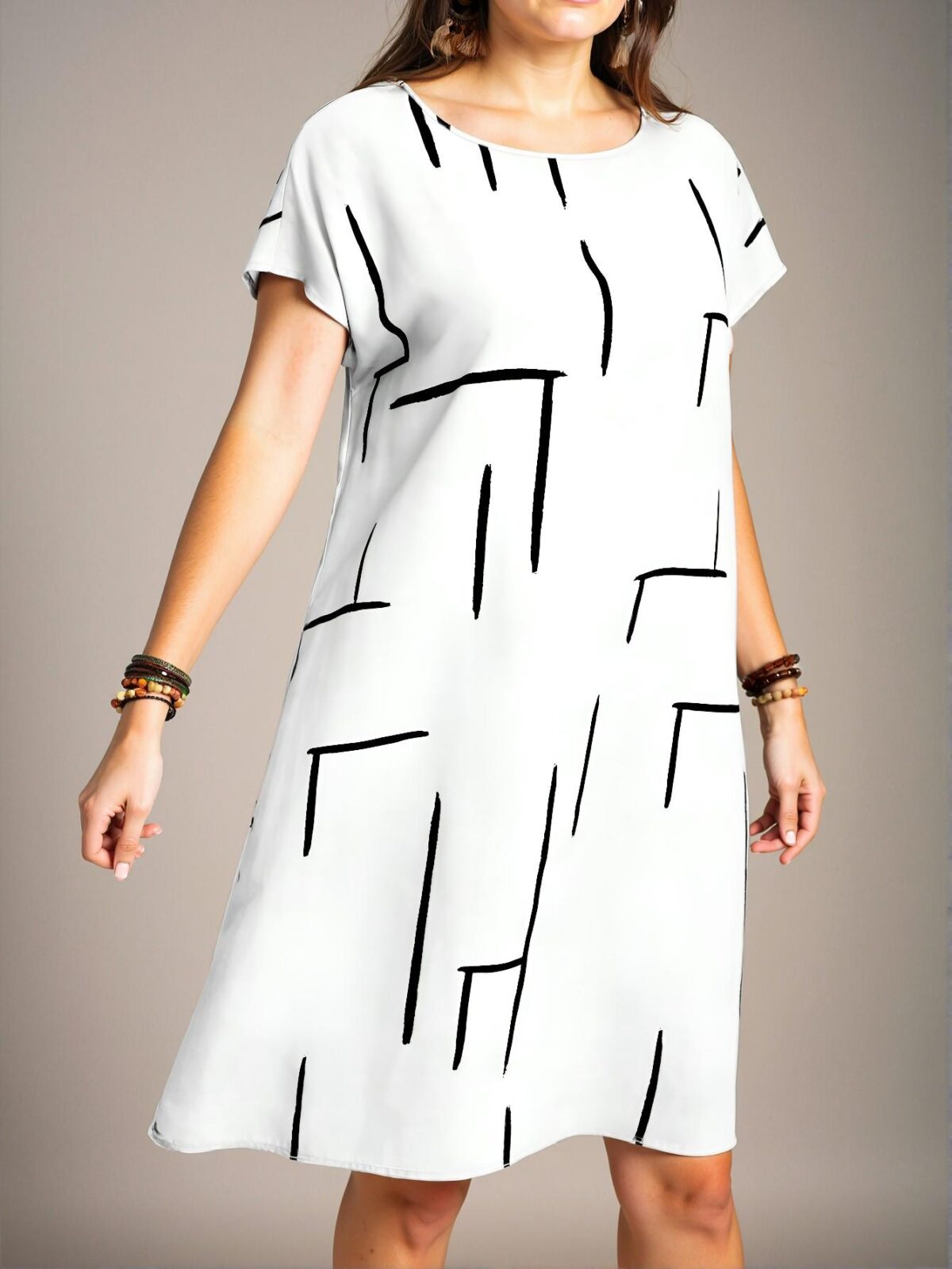 Elegant White Casual Mini Dress for Spring and Summer with Unique Graphic Print, Chic, Classy and Trendy Fashion Style to Dress to Impress - Image 3