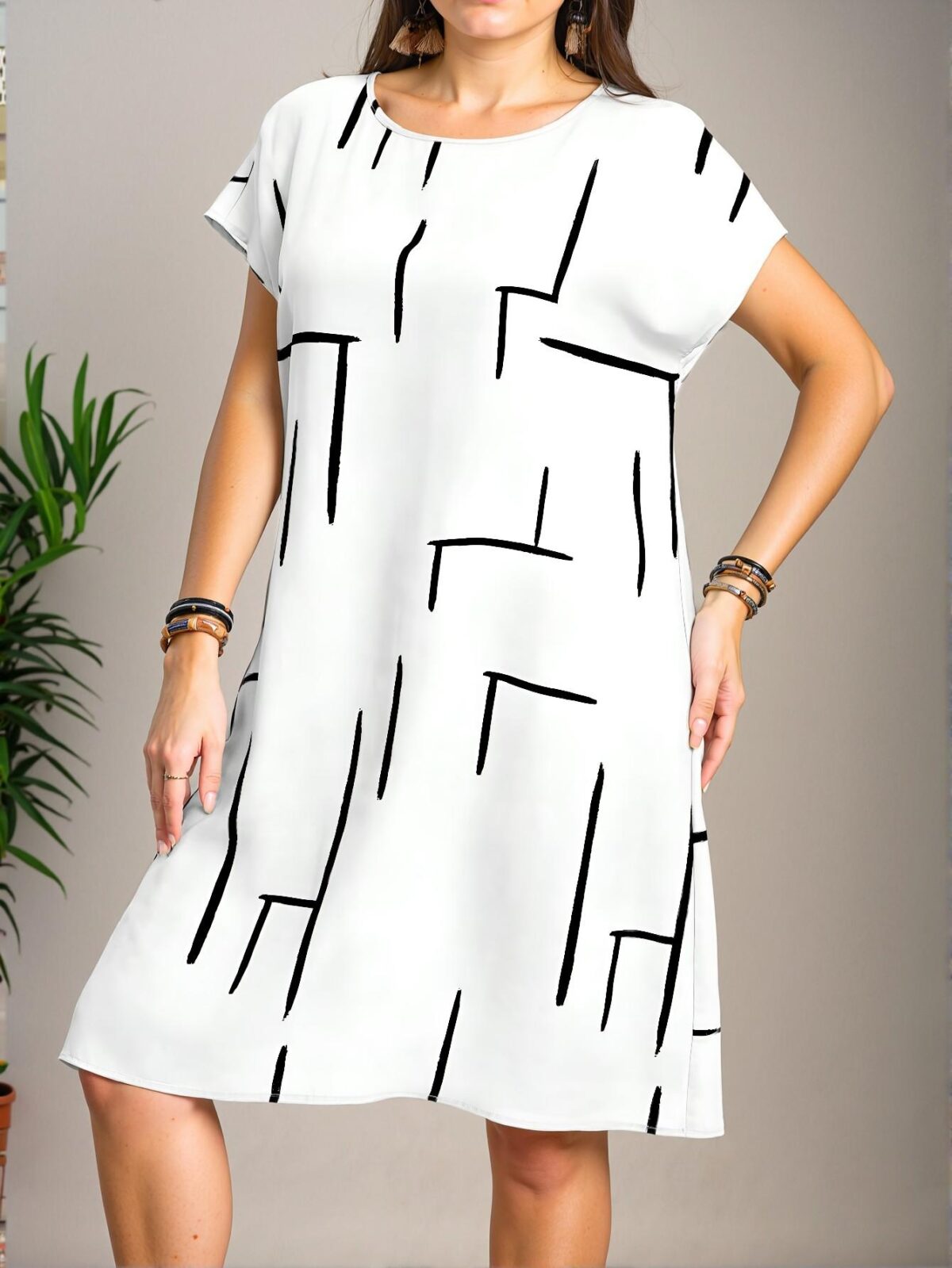 Elegant White Casual Mini Dress for Spring and Summer with Unique Graphic Print, Chic, Classy and Trendy Fashion Style to Dress to Impress - Image 4