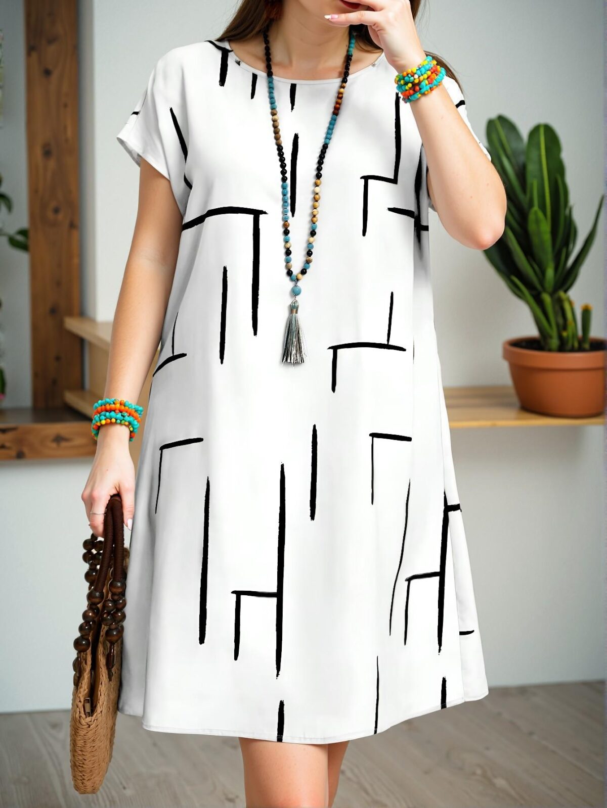 Elegant White Casual Mini Dress for Spring and Summer with Unique Graphic Print, Chic, Classy and Trendy Fashion Style to Dress to Impress - Image 5