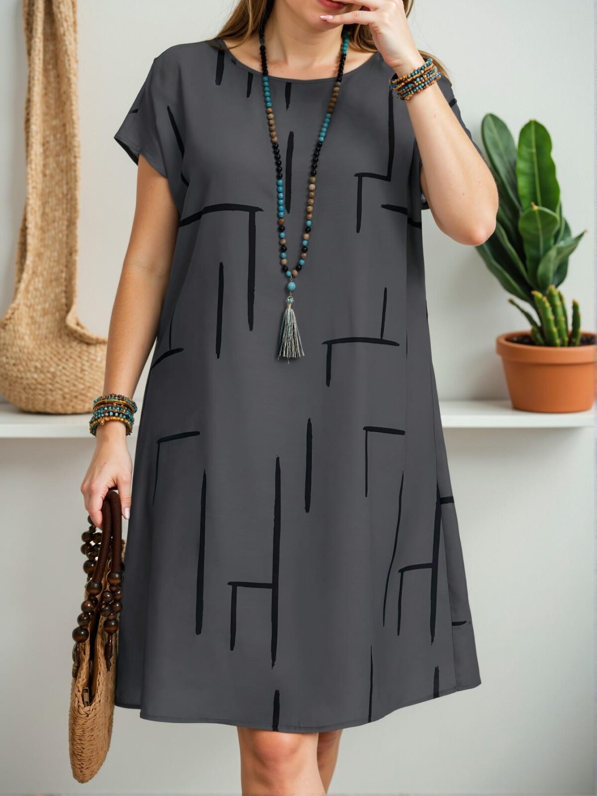 Elegant Grey Casual Batwing Sleeve Allover Print Mini Dress for Spring and Summer - Chic, Classy and Trendy Fashion Style to Dress to Impress - Image 3