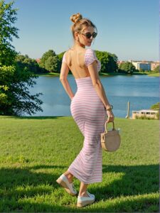 Elegant Pink Chic Backless Fitted Stripe Dress for Summer Fun - Chic, Classy and Trendy Fashion Style to Dress to Impress