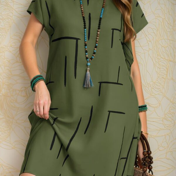 Elegant Army Green Stylish Plus Size Crew Neck Batwing Sleeve Allover Print Casual Dress for Spring and Summer – Chic, Classy and Trendy Fashion Style to Dress to Impress