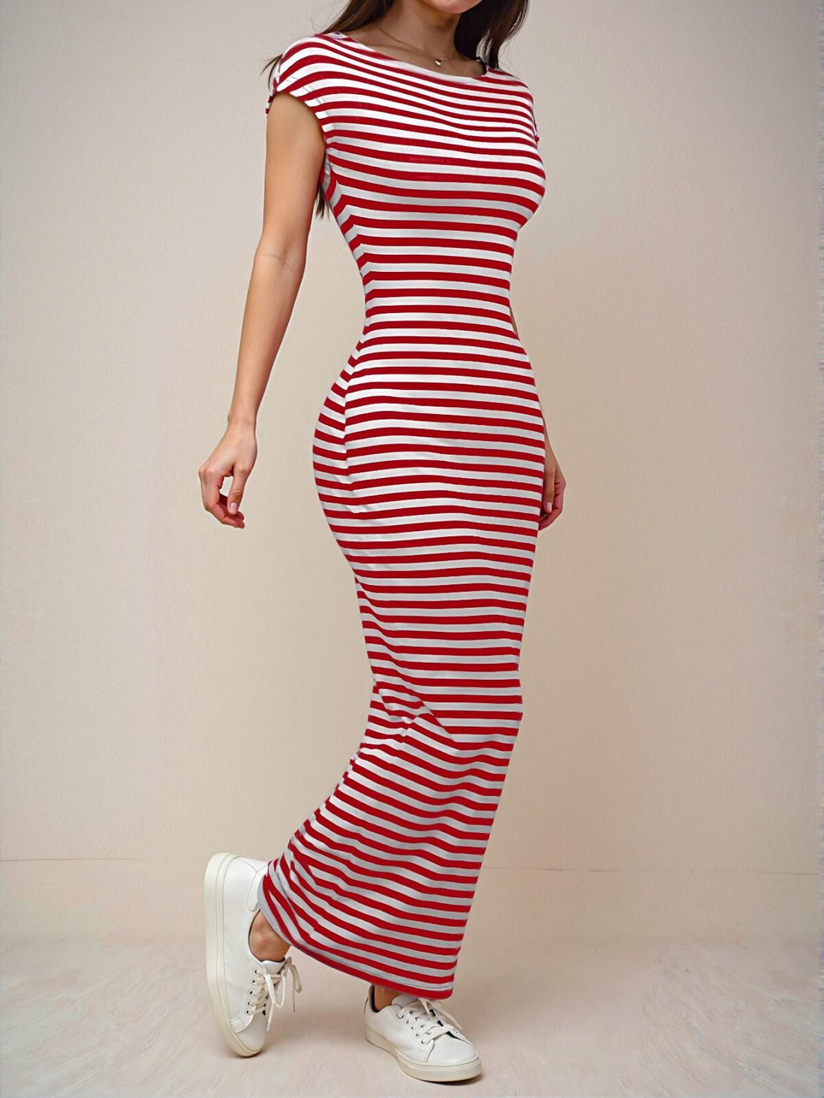 Elegant Red Backless Long Fitted Knit Dress with Stripes for Spring and Summer: Chic, Classy and Trendy Fashion Style to Dress to Impress - Image 4