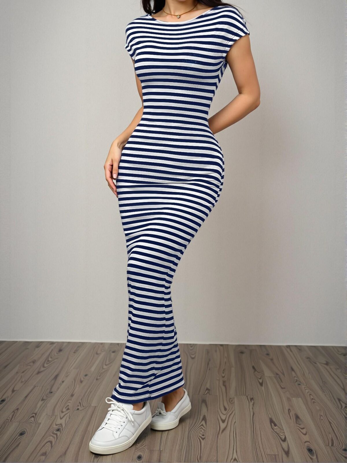 Elegant Navy Blue Stylish Backless Bodycon Long Knitted Dress with Stripes for Spring and Summer – Chic, Classy, and Trendy Fashion Style to Dress to Impress - Image 2