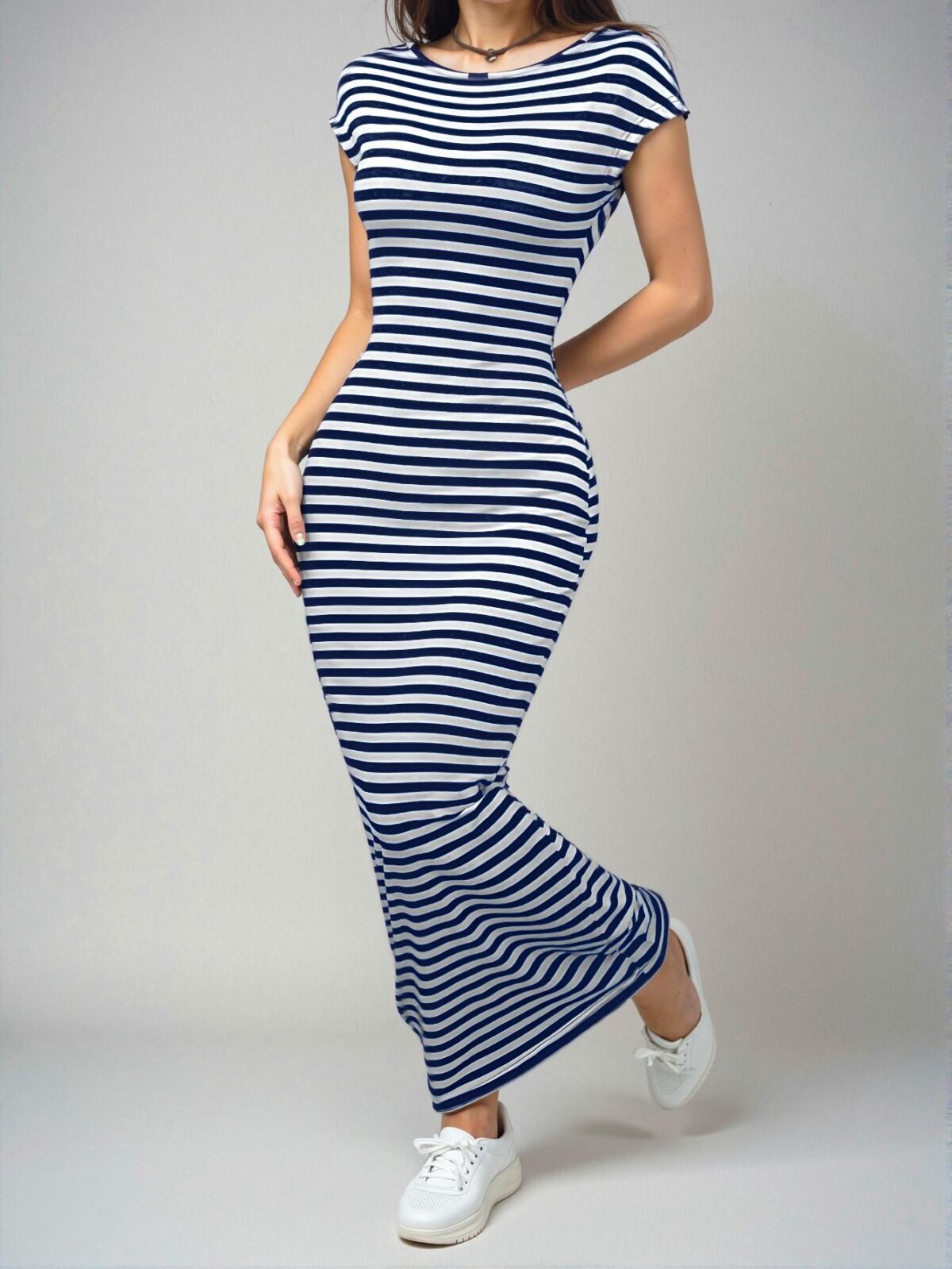 Elegant Navy Blue Stylish Backless Bodycon Long Knitted Dress with Stripes for Spring and Summer – Chic, Classy, and Trendy Fashion Style to Dress to Impress - Image 3