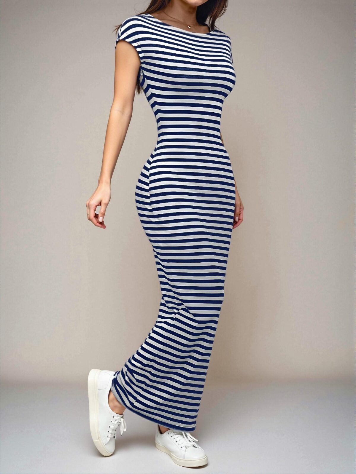 Elegant Navy Blue Stylish Backless Bodycon Long Knitted Dress with Stripes for Spring and Summer – Chic, Classy, and Trendy Fashion Style to Dress to Impress - Image 5