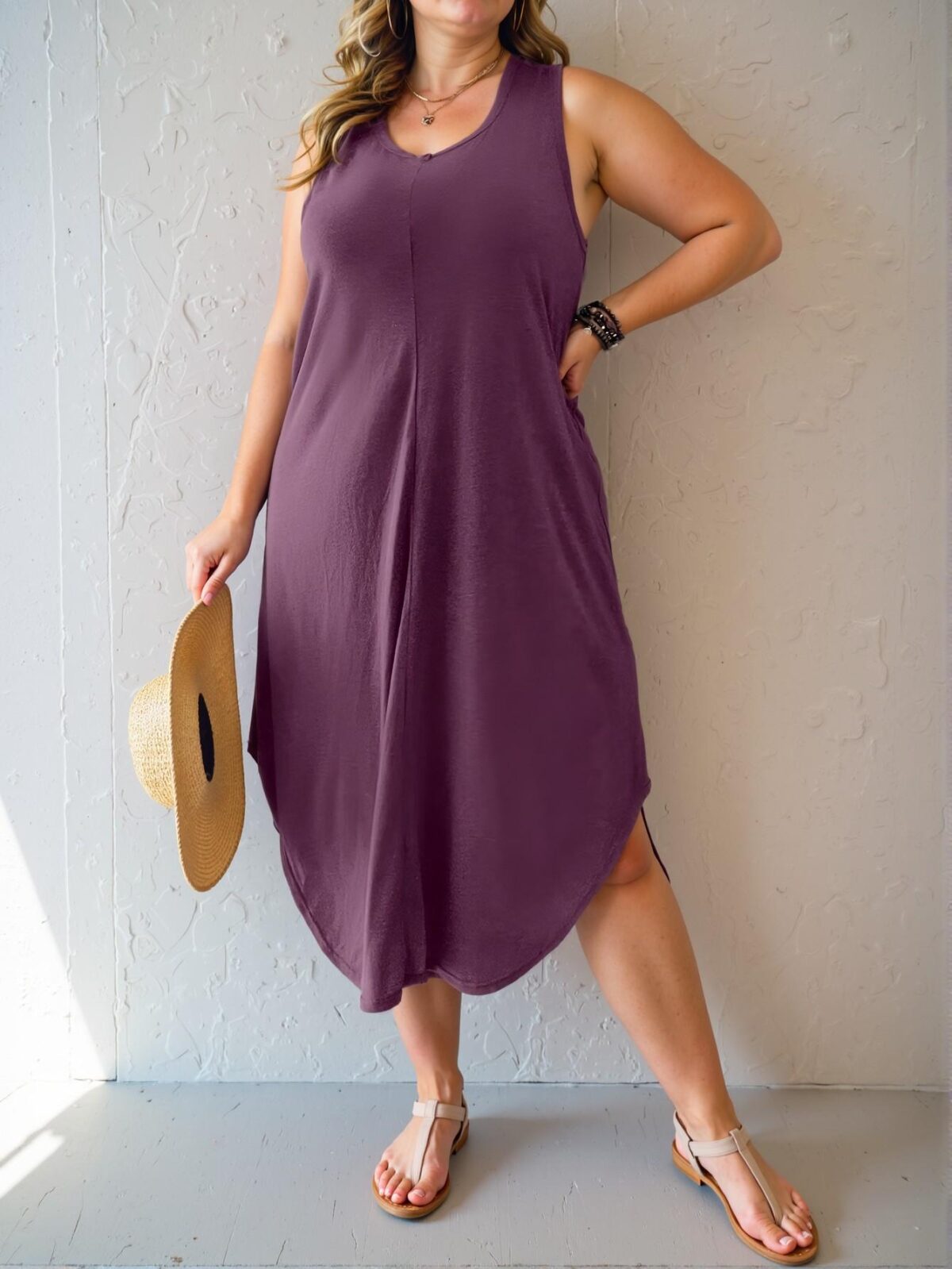 Elegant Purple Relaxed Curved Hem Sleeveless Tank Dress for Spring and Summer: Chic, Classy and Trendy Fashion Style to Dress to Impress - Image 4