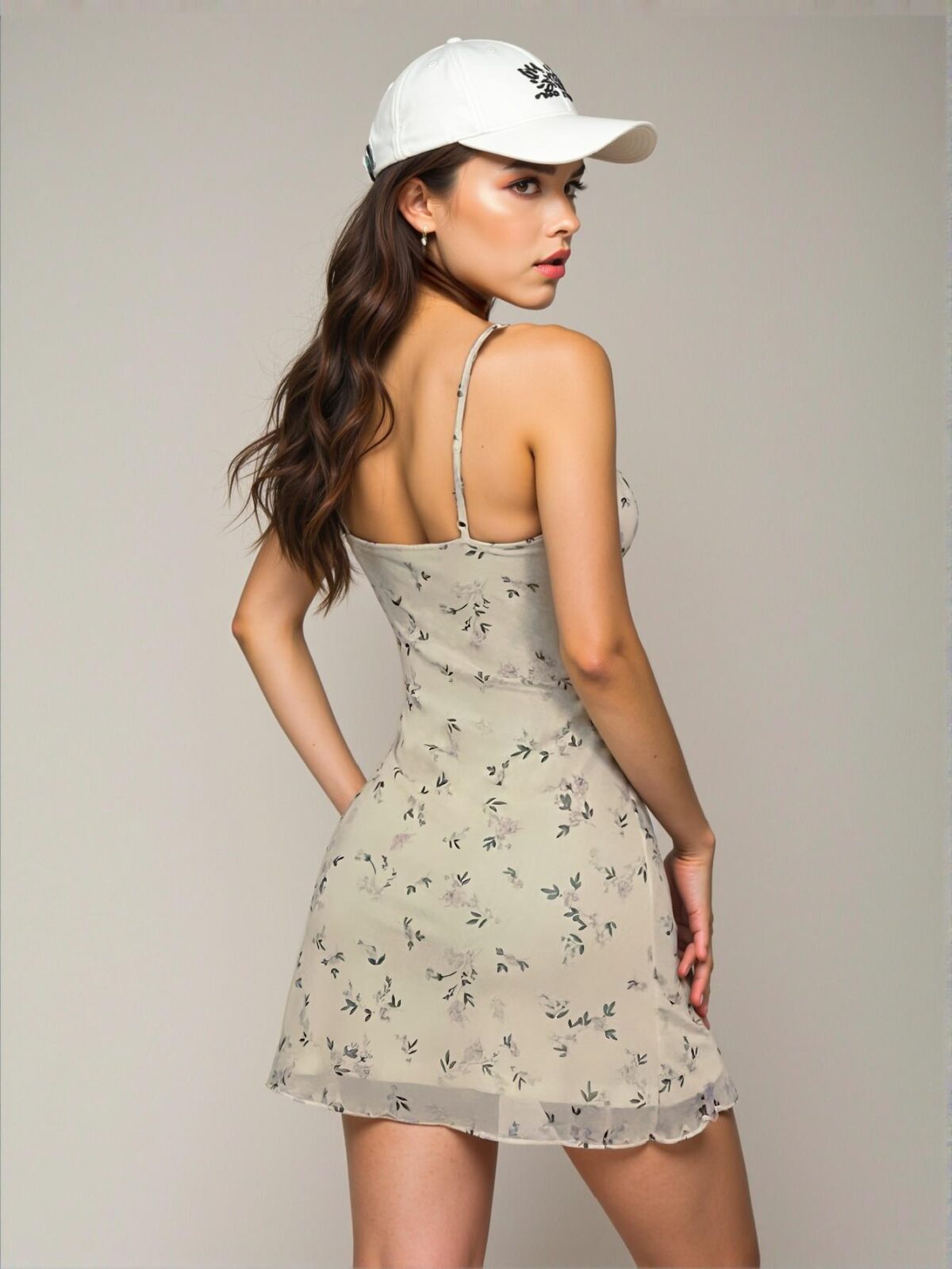 Elegant Apricot Playful Floral Print Cami Dress with Lettuce Trim for Summer Outings and Weddings - Chic, Classy, and Trendy Fashion Style to Dress to Impress - Image 2