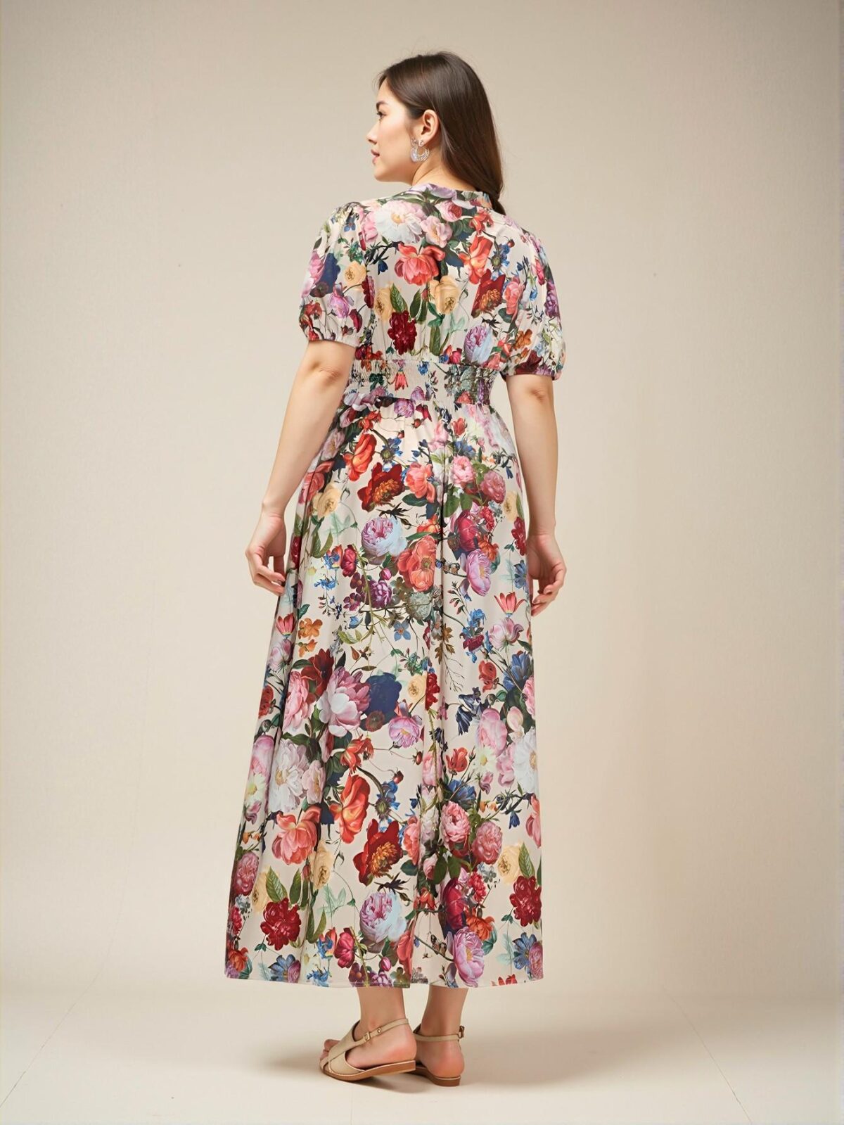 Elegant Multicolor Bohemian Floral Print A-Line Dress with Puff Sleeves and Ruffled Hem – Chic, Classy and Trendy Fashion Style to Dress to Impress - Image 2