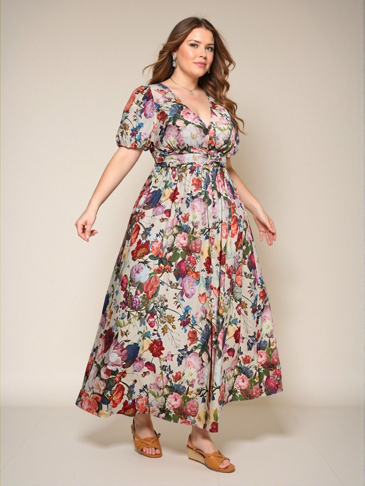 Elegant Multicolor Bohemian Floral Print A-Line Dress with Puff Sleeves and Ruffled Hem – Chic, Classy and Trendy Fashion Style to Dress to Impress - Image 4