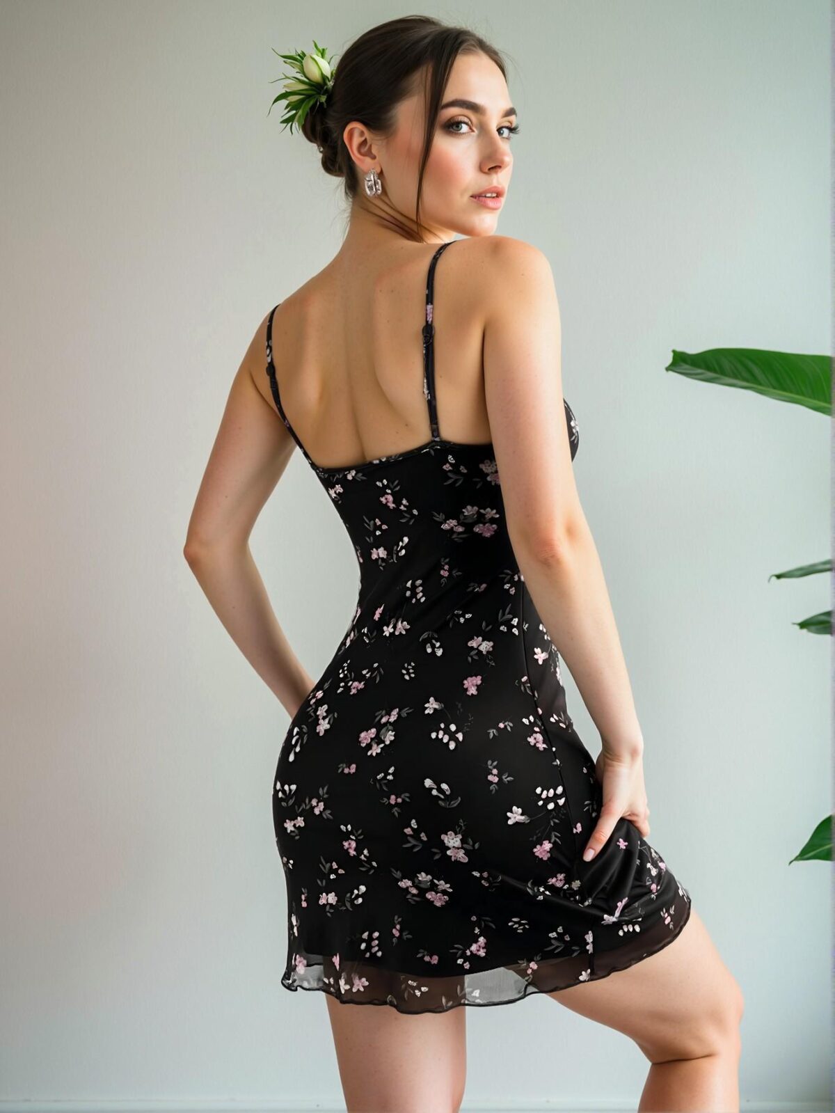 Elegant Black Floral Print Cami Dress with Lettuce Trim for Spring and Summer - Chic, Classy and Trendy Fashion Style to Dress to Impress - Image 2