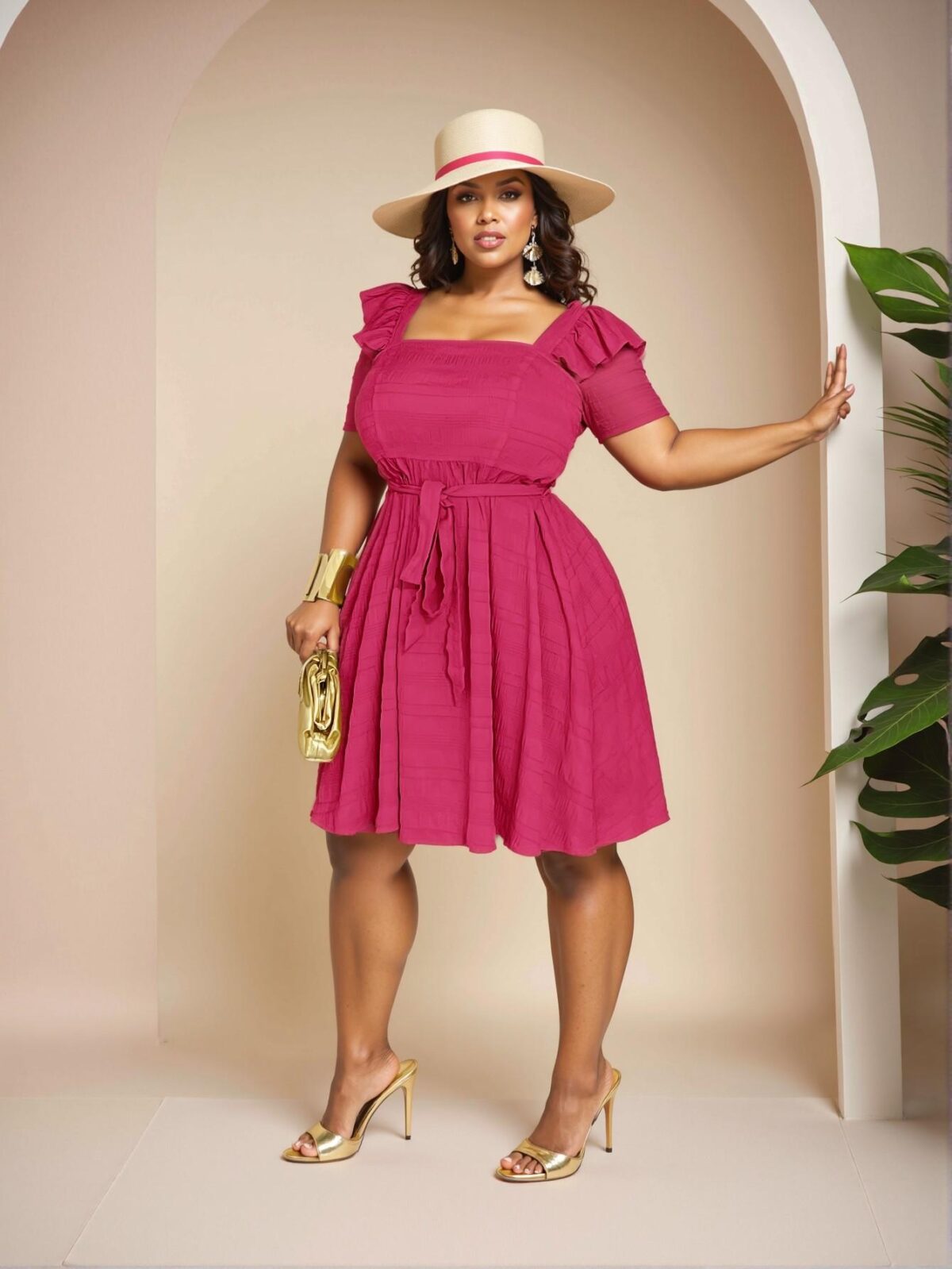 Elegant "Hot Pink" Chic Mini Dress with Ruffle and Tie Waist for Spring and Summer Festivals, Country Concerts, and Casual Outings - Chic, Classy and Trendy Fashion Style to Dress to Impress - Image 5