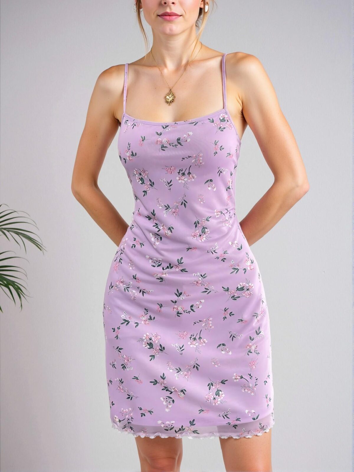 Elegant Lilac Purple Bohemian Floral Print Cami Dress with Lettuce Trim for Spring and Summer Chic, Classy and Trendy Fashion Style to Dress to Impress - Image 4