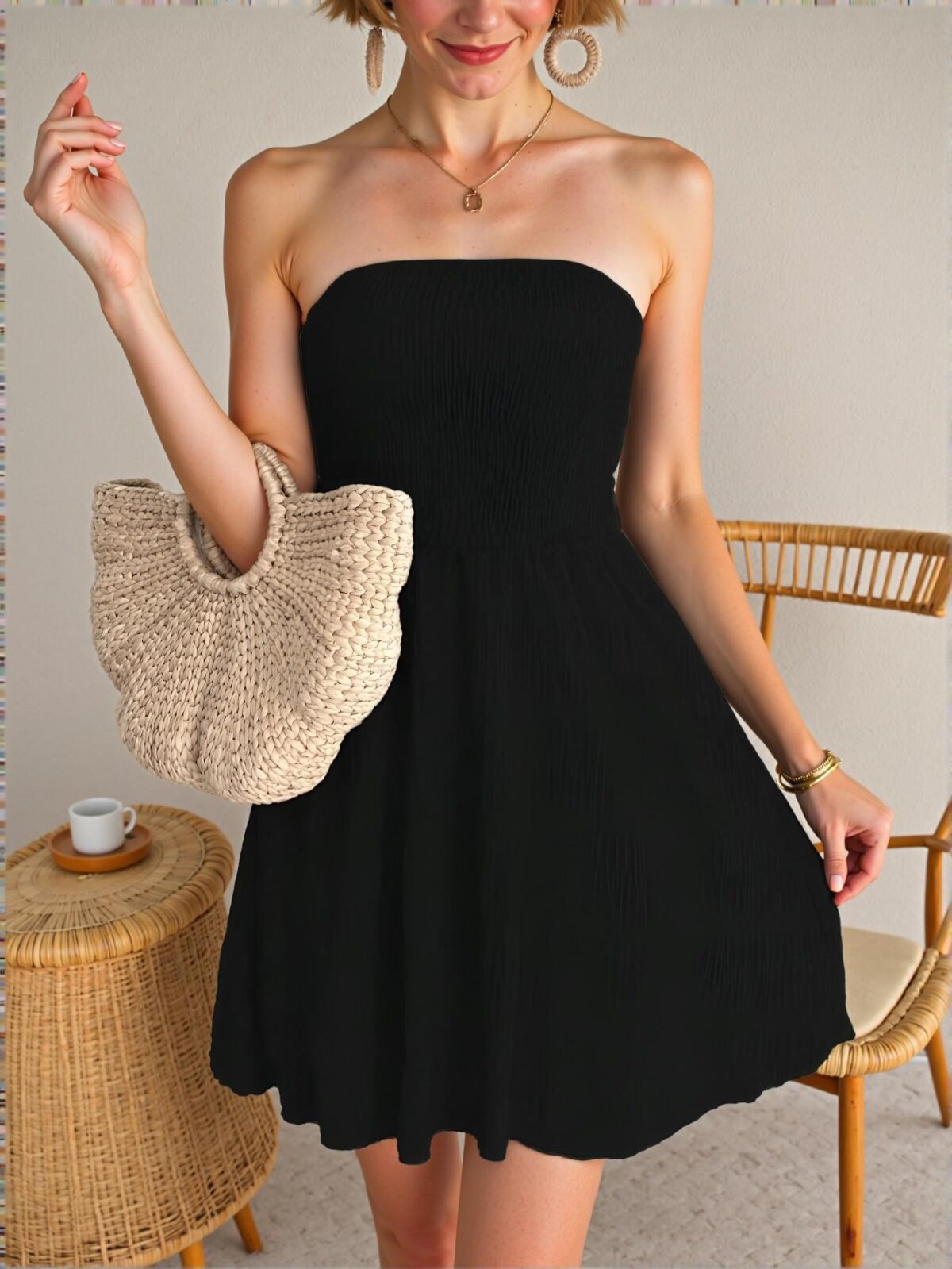 Elegant Black Effortless Strapless Flared Summer Dress for Vacations and Beach Getaways - Chic, Classy and Trendy Fashion Style to Dress to Impress. - Image 3