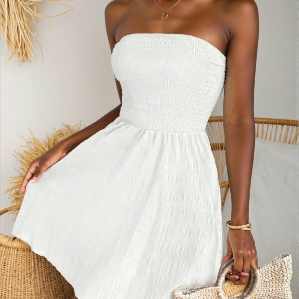 Elegant White Strapless Ruched A-Line Beach Dress for Spring and Summer - Chic, Classy and Trendy Fashion Style to Dress to Impress