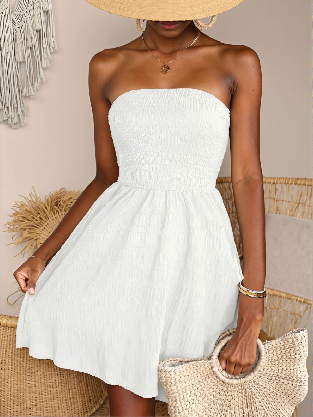 Elegant White Strapless Ruched A-Line Beach Dress for Spring and Summer - Chic, Classy and Trendy Fashion Style to Dress to Impress - Image 3