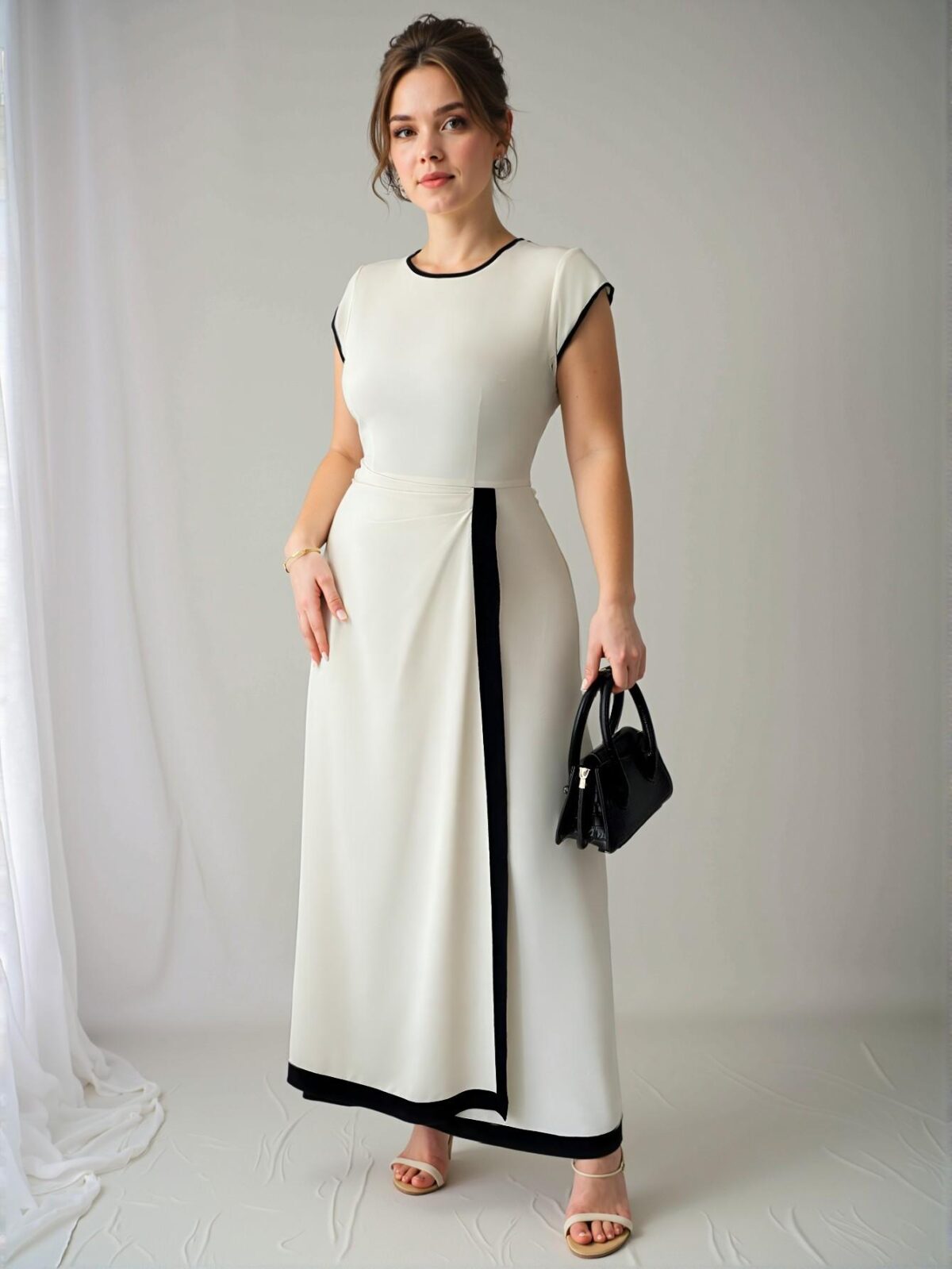 Elegant Apricot A-Line Midi Dress with Contrast Trim and Cap Sleeves for a Sophisticated Spring/Summer Look "Chic, Classy and Trendy Fashion Style to Dress to Impress"