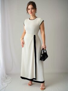 Elegant Apricot A-Line Midi Dress with Contrast Trim and Cap Sleeves for a Sophisticated Spring/Summer Look "Chic, Classy and Trendy Fashion Style to Dress to Impress"