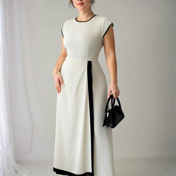Elegant Apricot A-Line Midi Dress with Contrast Trim and Cap Sleeves for a Sophisticated Spring/Summer Look "Chic, Classy and Trendy Fashion Style to Dress to Impress"