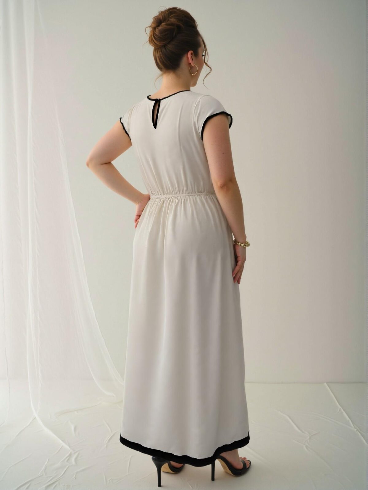 Elegant Apricot A-Line Midi Dress with Contrast Trim and Cap Sleeves for a Sophisticated Spring/Summer Look "Chic, Classy and Trendy Fashion Style to Dress to Impress" - Image 2