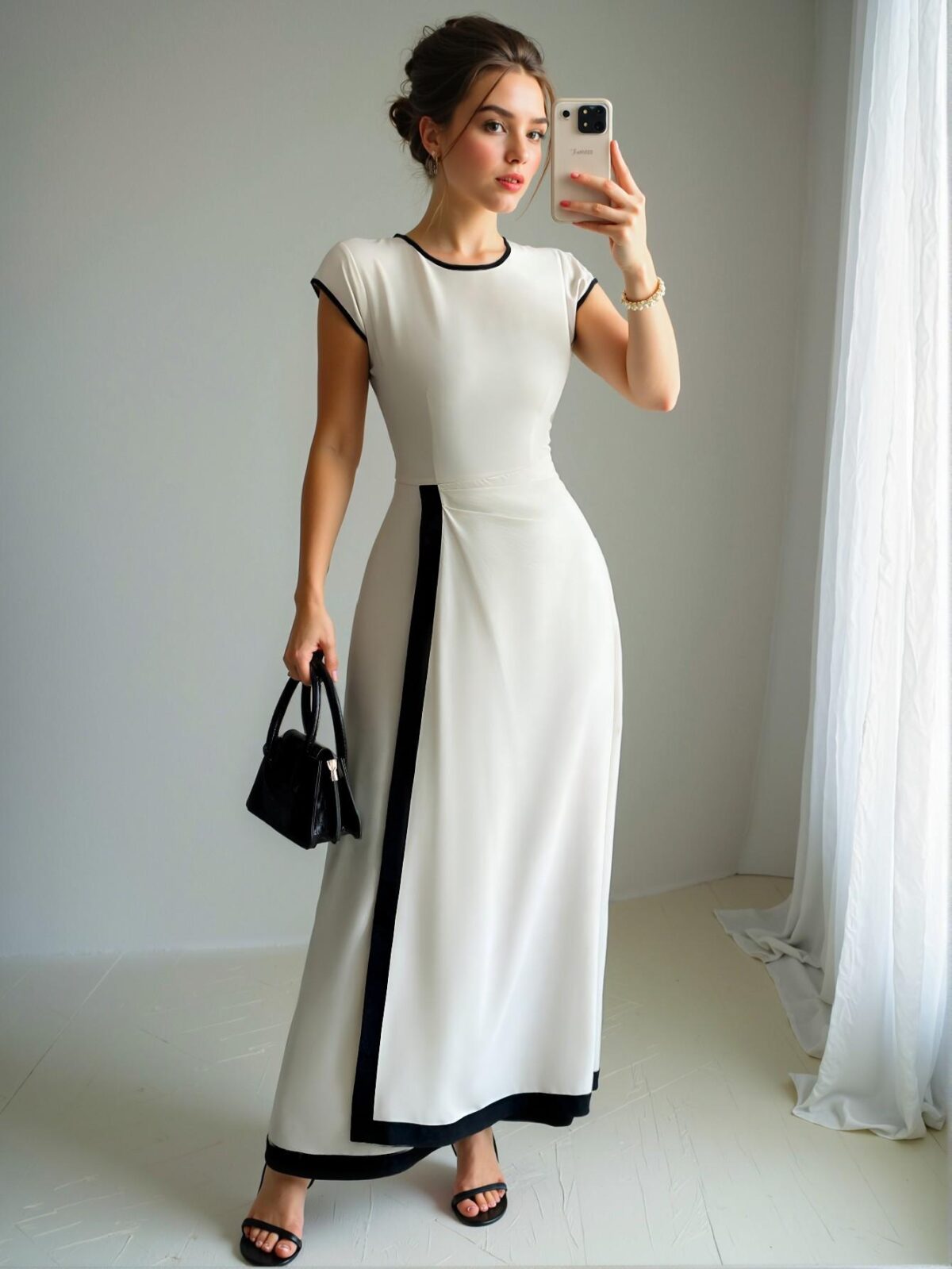 Elegant Apricot A-Line Midi Dress with Contrast Trim and Cap Sleeves for a Sophisticated Spring/Summer Look "Chic, Classy and Trendy Fashion Style to Dress to Impress" - Image 3