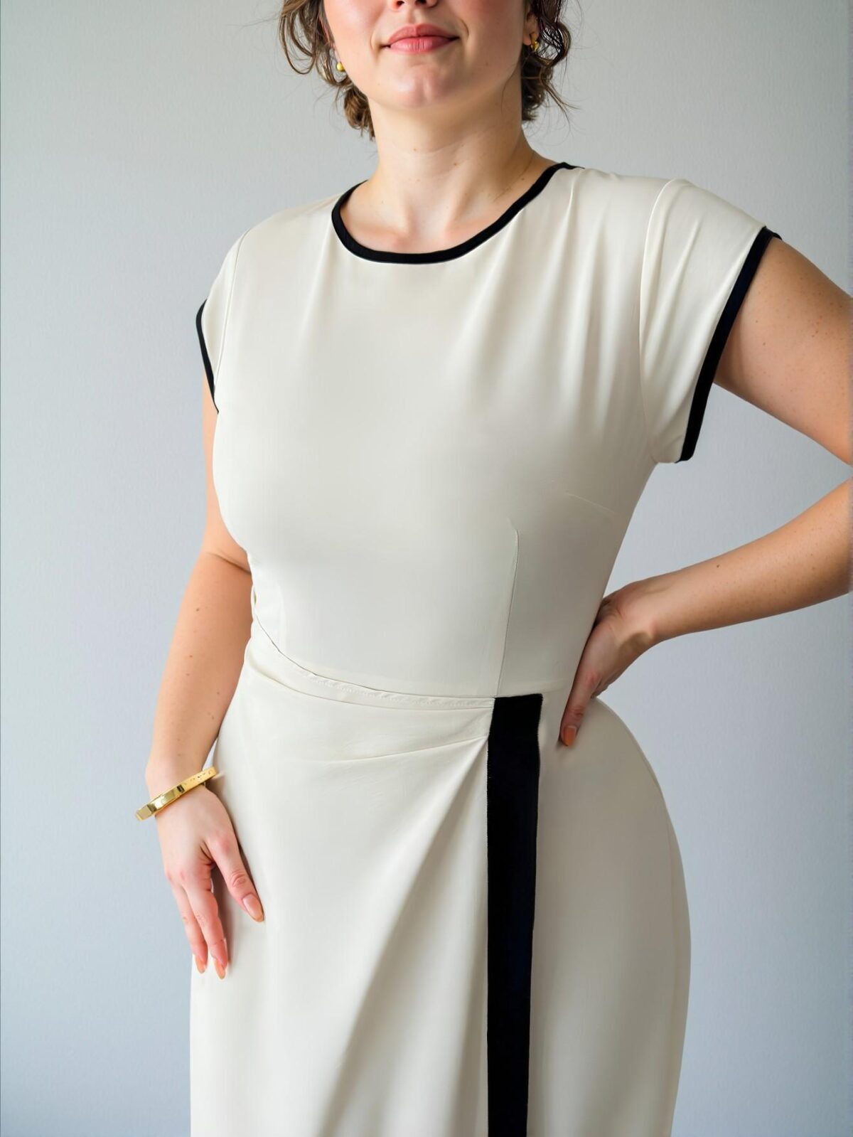 Elegant Apricot A-Line Midi Dress with Contrast Trim and Cap Sleeves for a Sophisticated Spring/Summer Look "Chic, Classy and Trendy Fashion Style to Dress to Impress" - Image 4