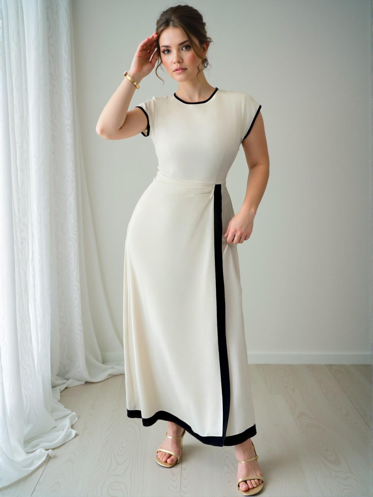 Elegant Apricot A-Line Midi Dress with Contrast Trim and Cap Sleeves for a Sophisticated Spring/Summer Look "Chic, Classy and Trendy Fashion Style to Dress to Impress" - Image 5