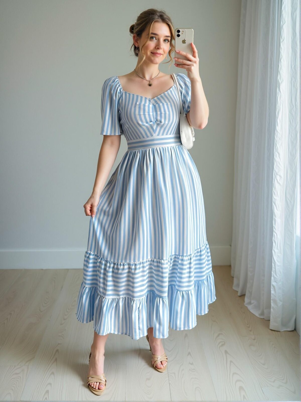 Elegant Blue and White Striped A-Line Midi Dress for Spring and Summer Commute - Chic, Classy and Trendy Fashion Style to Dress to Impress