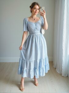 Elegant Blue and White Striped A-Line Midi Dress for Spring and Summer Commute - Chic, Classy and Trendy Fashion Style to Dress to Impress
