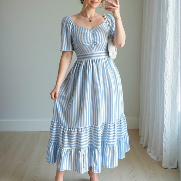 Elegant Blue and White Striped A-Line Midi Dress for Spring and Summer Commute - Chic, Classy and Trendy Fashion Style to Dress to Impress
