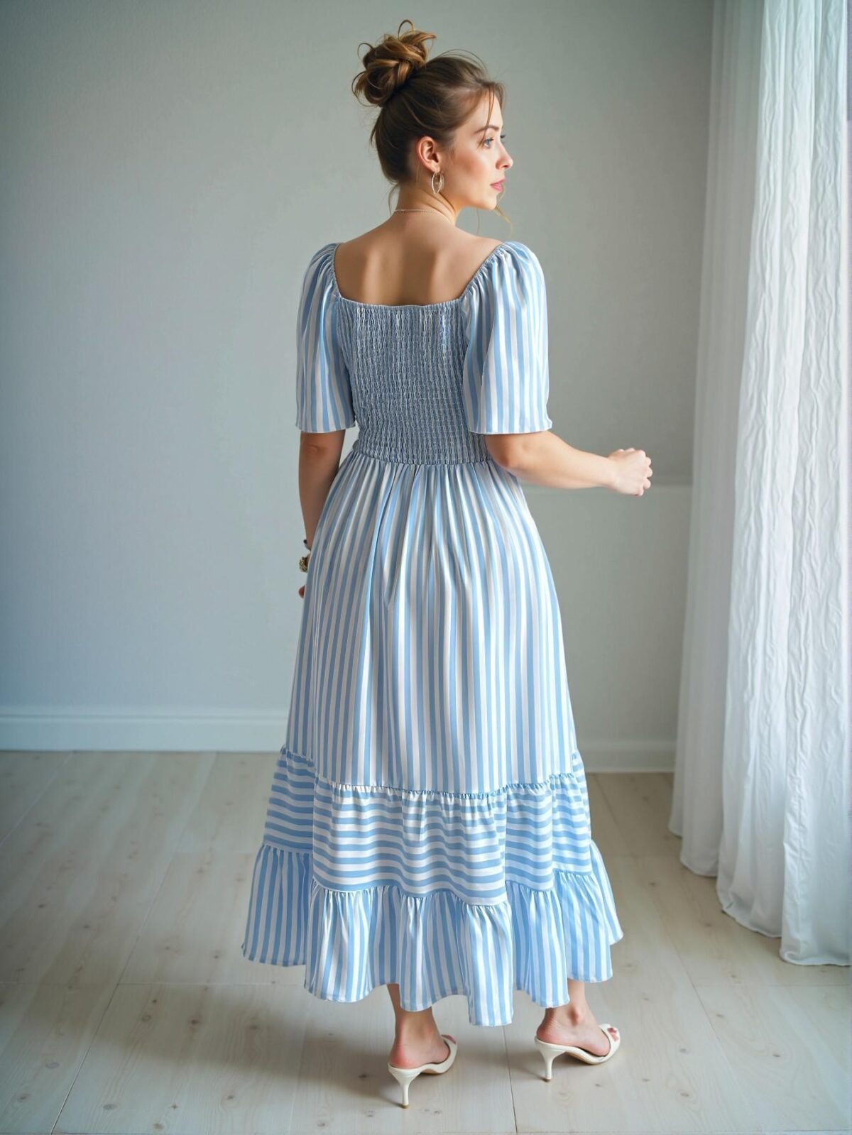 Elegant Blue and White Striped A-Line Midi Dress for Spring and Summer Commute - Chic, Classy and Trendy Fashion Style to Dress to Impress - Image 2