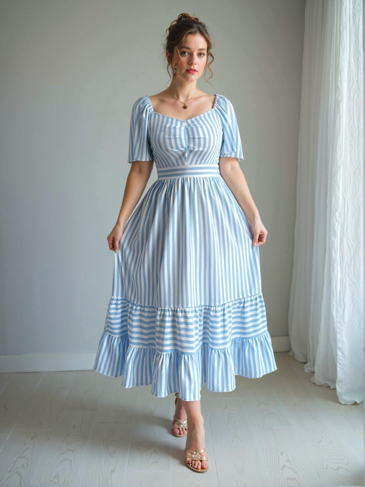 Elegant Blue and White Striped A-Line Midi Dress for Spring and Summer Commute - Chic, Classy and Trendy Fashion Style to Dress to Impress - Image 3