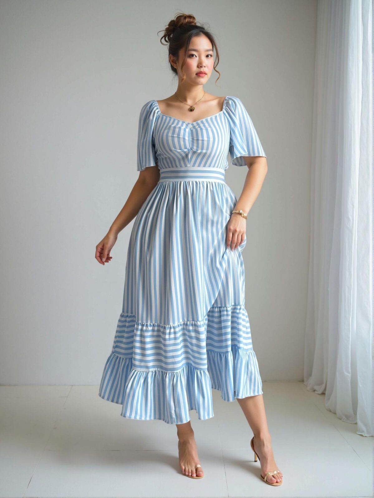 Elegant Blue and White Striped A-Line Midi Dress for Spring and Summer Commute - Chic, Classy and Trendy Fashion Style to Dress to Impress - Image 4