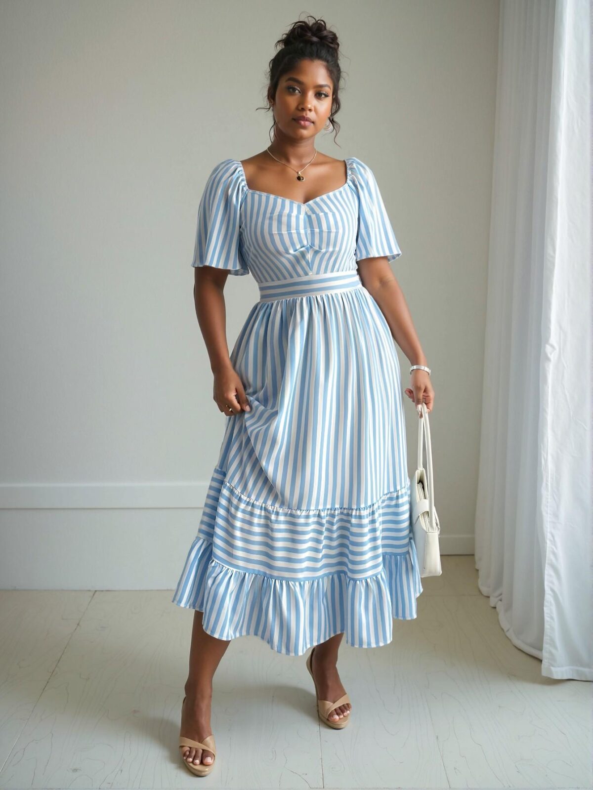 Elegant Blue and White Striped A-Line Midi Dress for Spring and Summer Commute - Chic, Classy and Trendy Fashion Style to Dress to Impress - Image 5