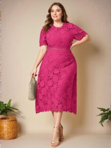 Elegant Hot Pink Flared A-Line Dress with Contrast Lace Waist Design for Summer Wedding Guests and Spring Events - Chic, Classy and Trendy Fashion Style to Dress to Impress