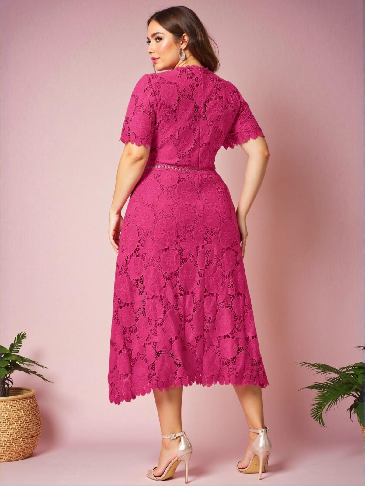 Elegant Hot Pink Flared A-Line Dress with Contrast Lace Waist Design for Summer Wedding Guests and Spring Events - Chic, Classy and Trendy Fashion Style to Dress to Impress - Image 2