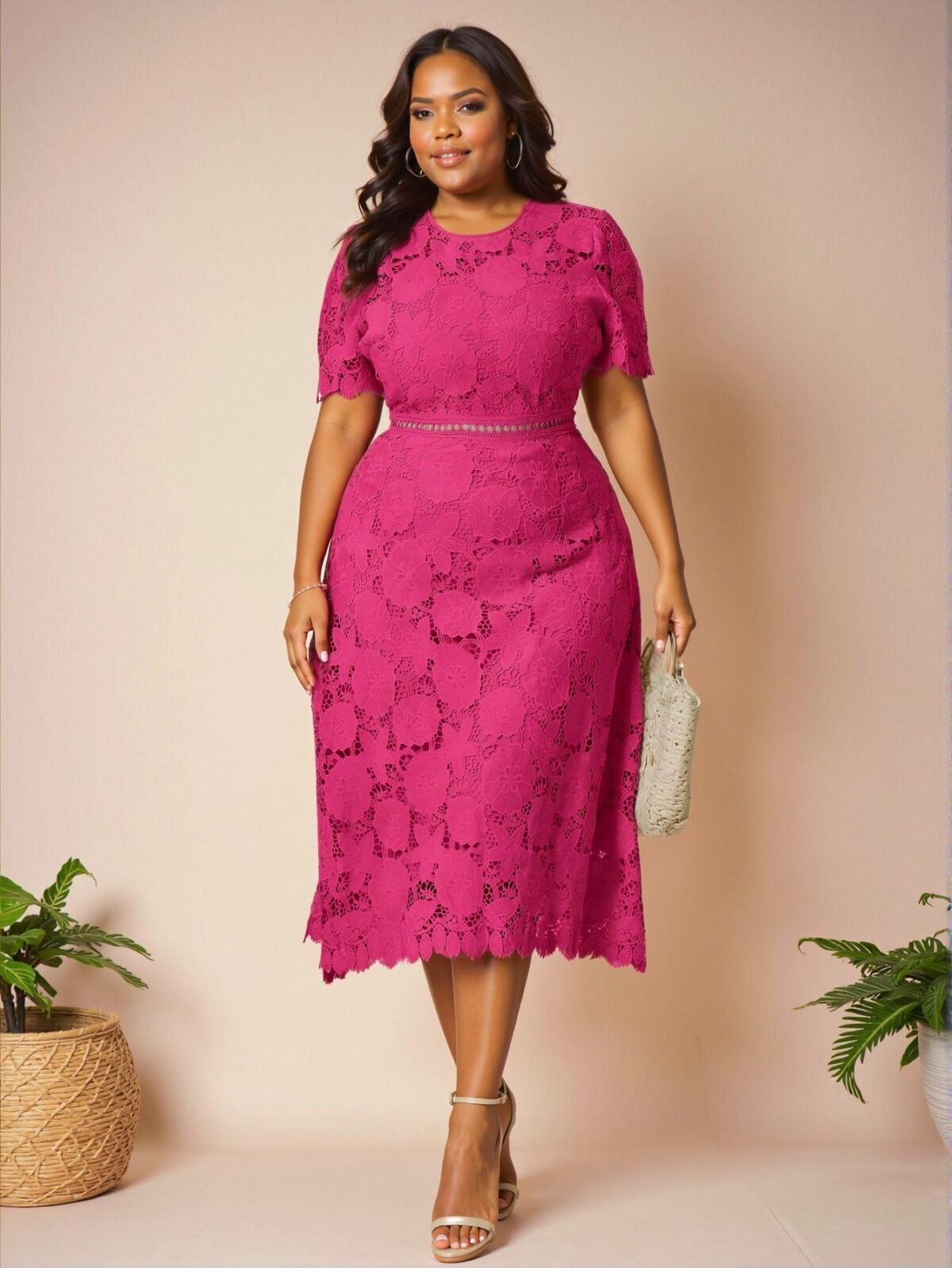 Elegant Hot Pink Flared A-Line Dress with Contrast Lace Waist Design for Summer Wedding Guests and Spring Events - Chic, Classy and Trendy Fashion Style to Dress to Impress - Image 4