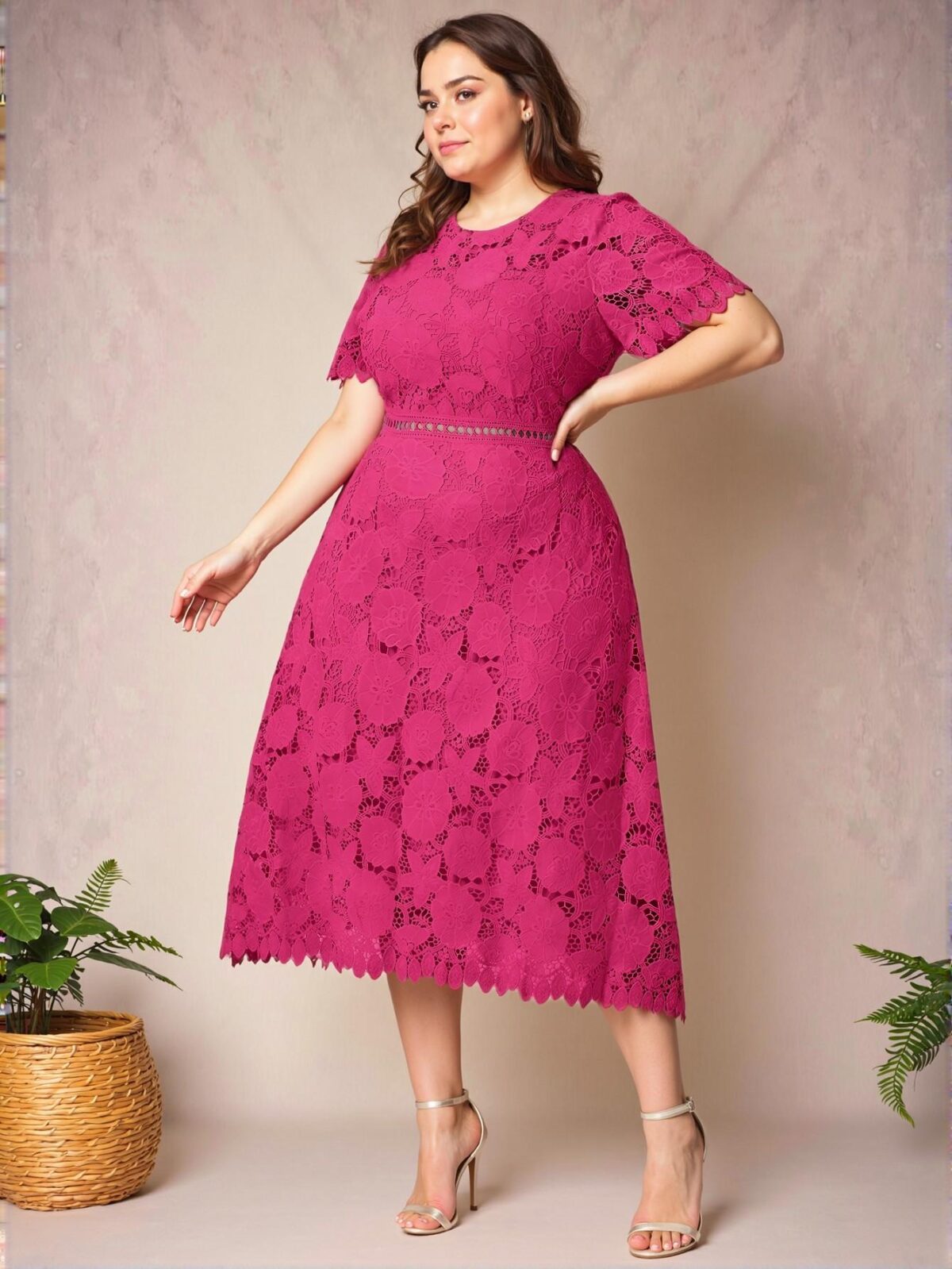 Elegant Hot Pink Flared A-Line Dress with Contrast Lace Waist Design for Summer Wedding Guests and Spring Events - Chic, Classy and Trendy Fashion Style to Dress to Impress - Image 5