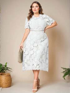 Elegant White A-Line Midi Dress with Puff Sleeves and Lace Details for a Casual Vacation Look in Spring and Summer - Chic, Classy and Trendy Fashion Style to Dress to Impress