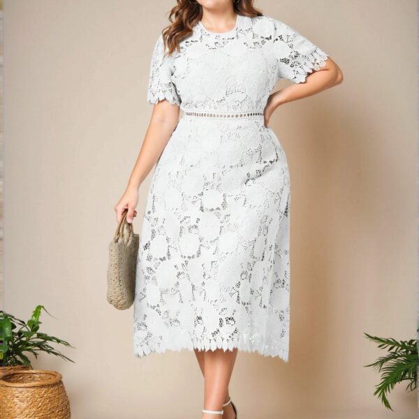 Elegant White A-Line Midi Dress with Puff Sleeves and Lace Details for a Casual Vacation Look in Spring and Summer - Chic, Classy and Trendy Fashion Style to Dress to Impress