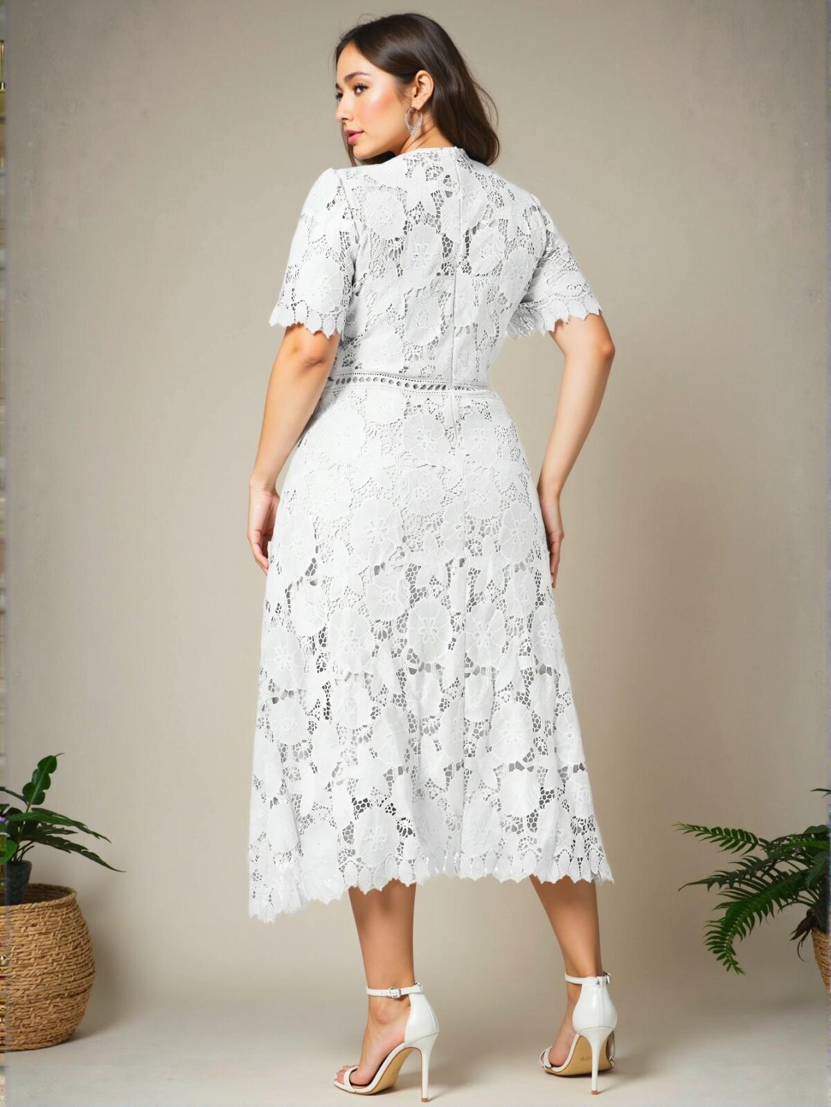 Elegant White A-Line Midi Dress with Puff Sleeves and Lace Details for a Casual Vacation Look in Spring and Summer - Chic, Classy and Trendy Fashion Style to Dress to Impress - Image 2