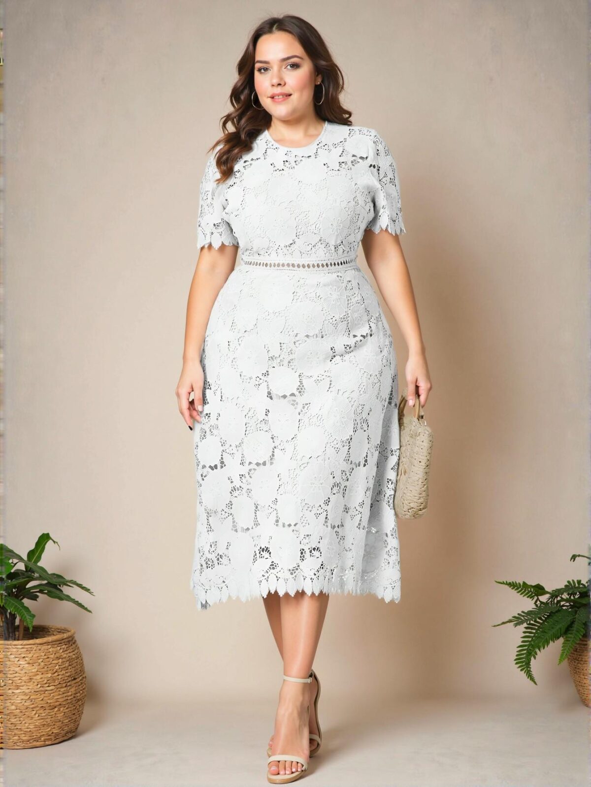 Elegant White A-Line Midi Dress with Puff Sleeves and Lace Details for a Casual Vacation Look in Spring and Summer - Chic, Classy and Trendy Fashion Style to Dress to Impress - Image 3