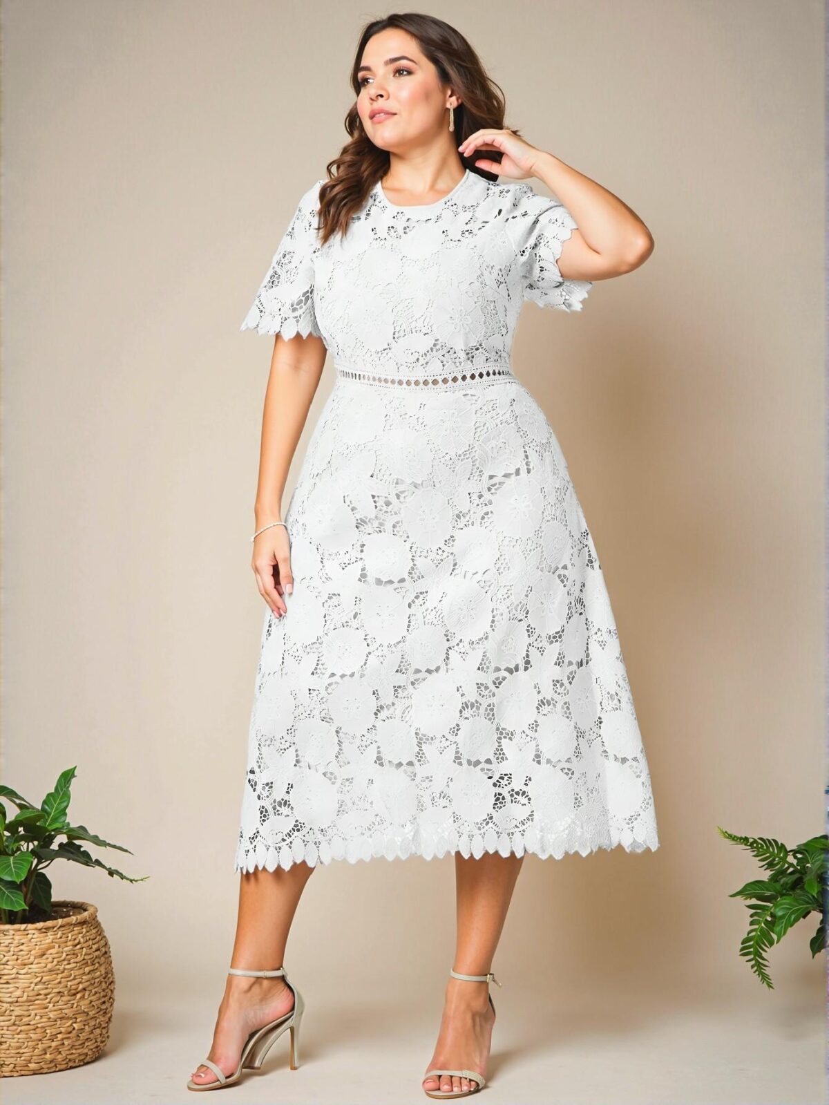 Elegant White A-Line Midi Dress with Puff Sleeves and Lace Details for a Casual Vacation Look in Spring and Summer - Chic, Classy and Trendy Fashion Style to Dress to Impress - Image 4