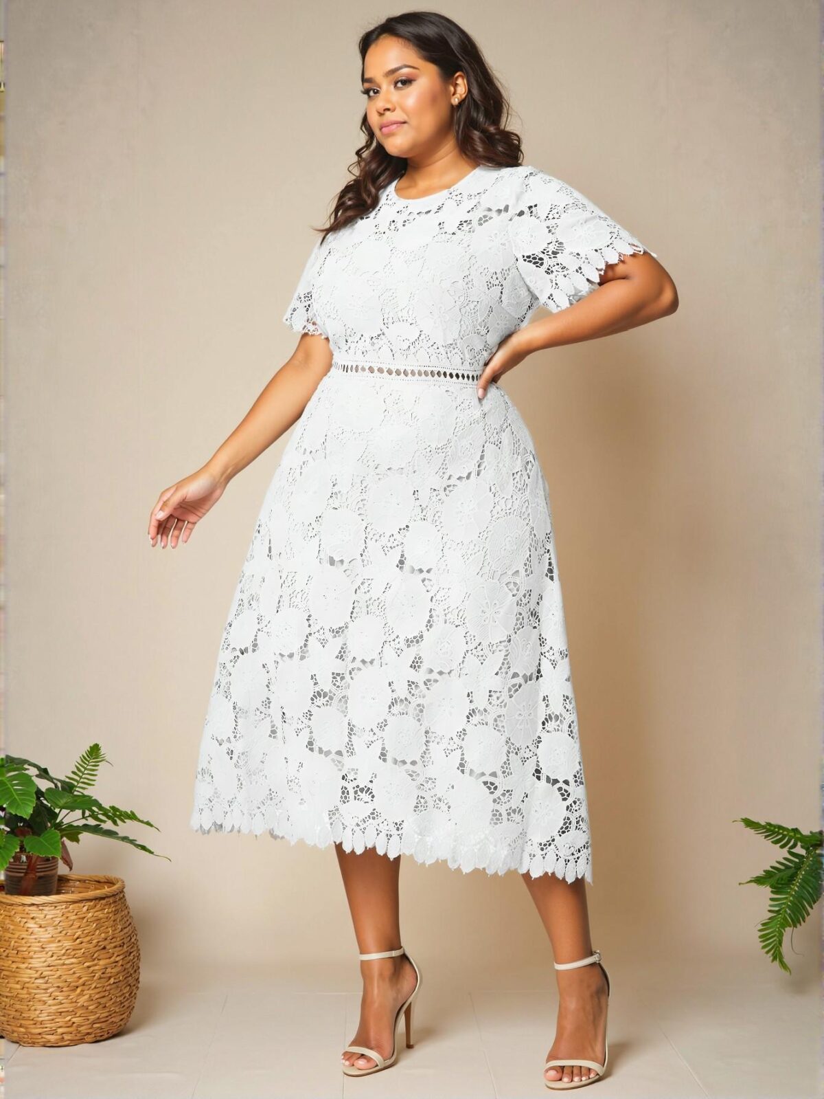 Elegant White A-Line Midi Dress with Puff Sleeves and Lace Details for a Casual Vacation Look in Spring and Summer - Chic, Classy and Trendy Fashion Style to Dress to Impress - Image 5